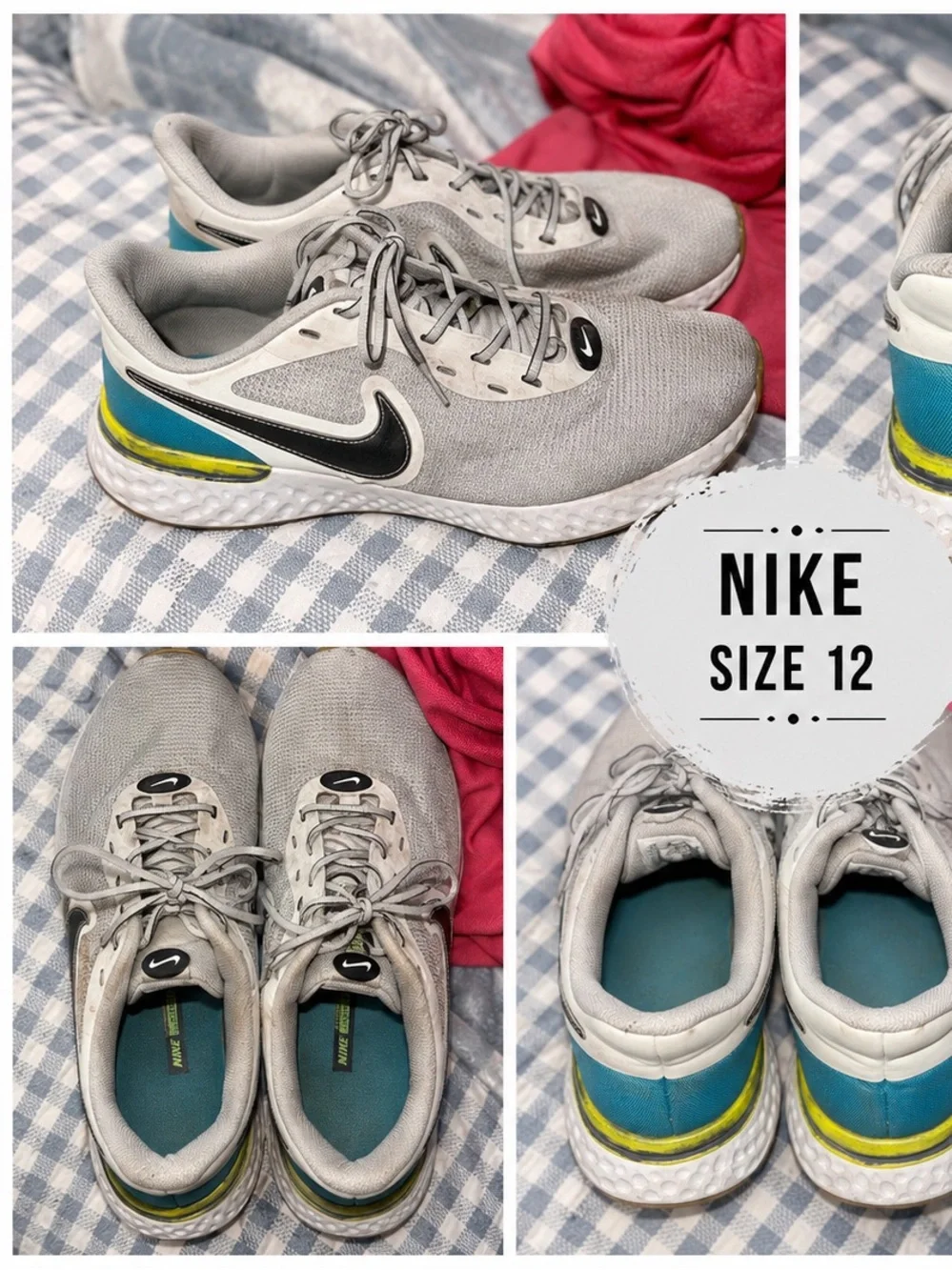 Nike Size 12 JY Gray Sneakers with Blue and Yellow and Green Heel Accents